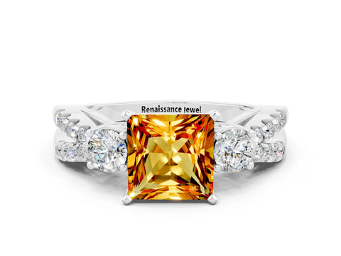White gold Princess Cut Citrine Three-Stone Ring with Pavé Split Shank and Four-Prong Setting