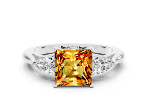 White gold Princess Cut Citrine Three-Stone Ring with Pear Side Stones and Four-Prong Setting_12