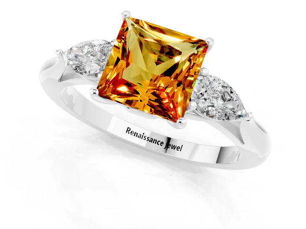 White gold Princess Cut Citrine Three-Stone Ring with Pear  Side Stones and Prong Setting