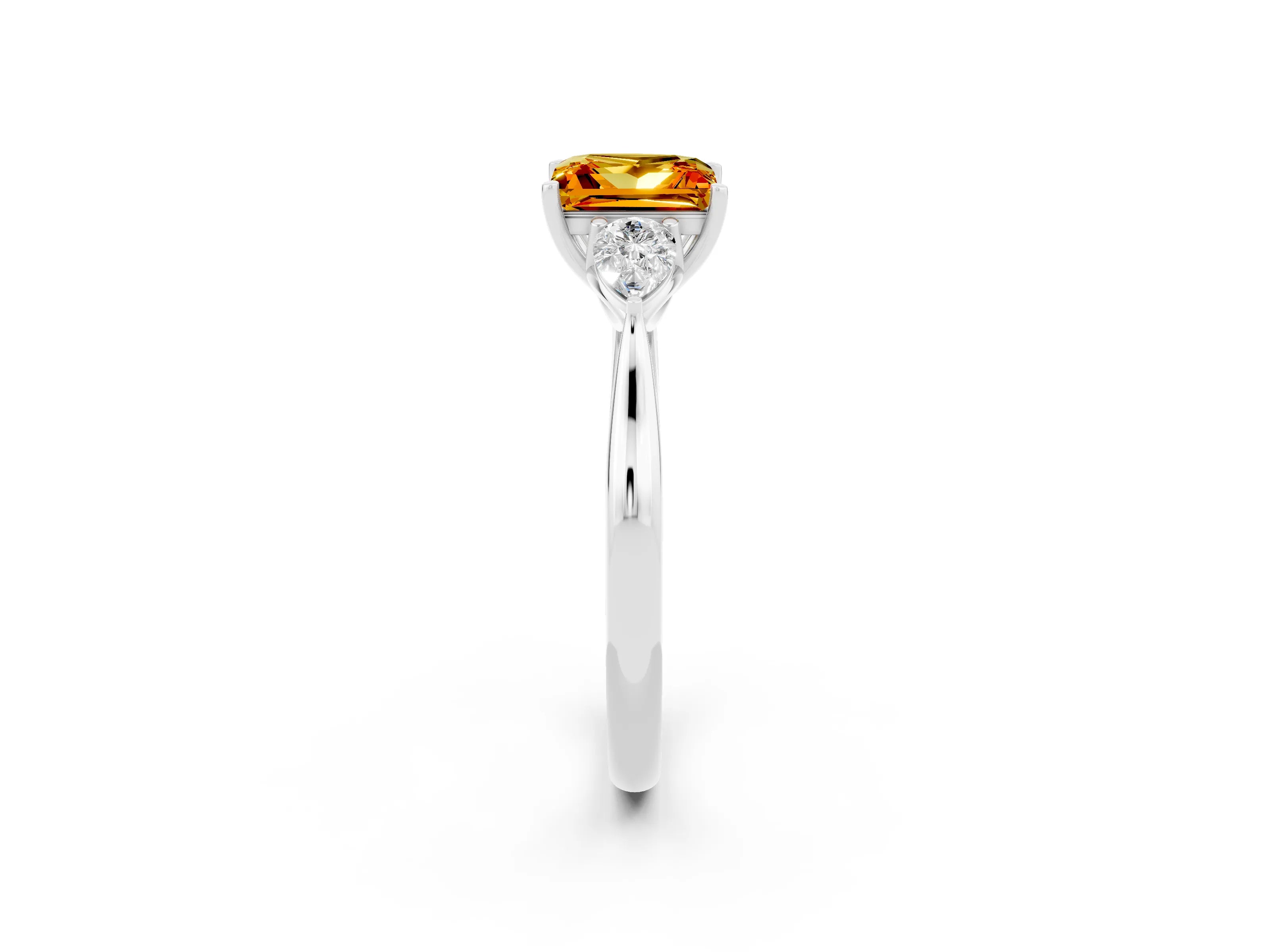 White gold Princess Cut Citrine Three-Stone Ring with Pear Side Stones and Four-Prong Setting_14