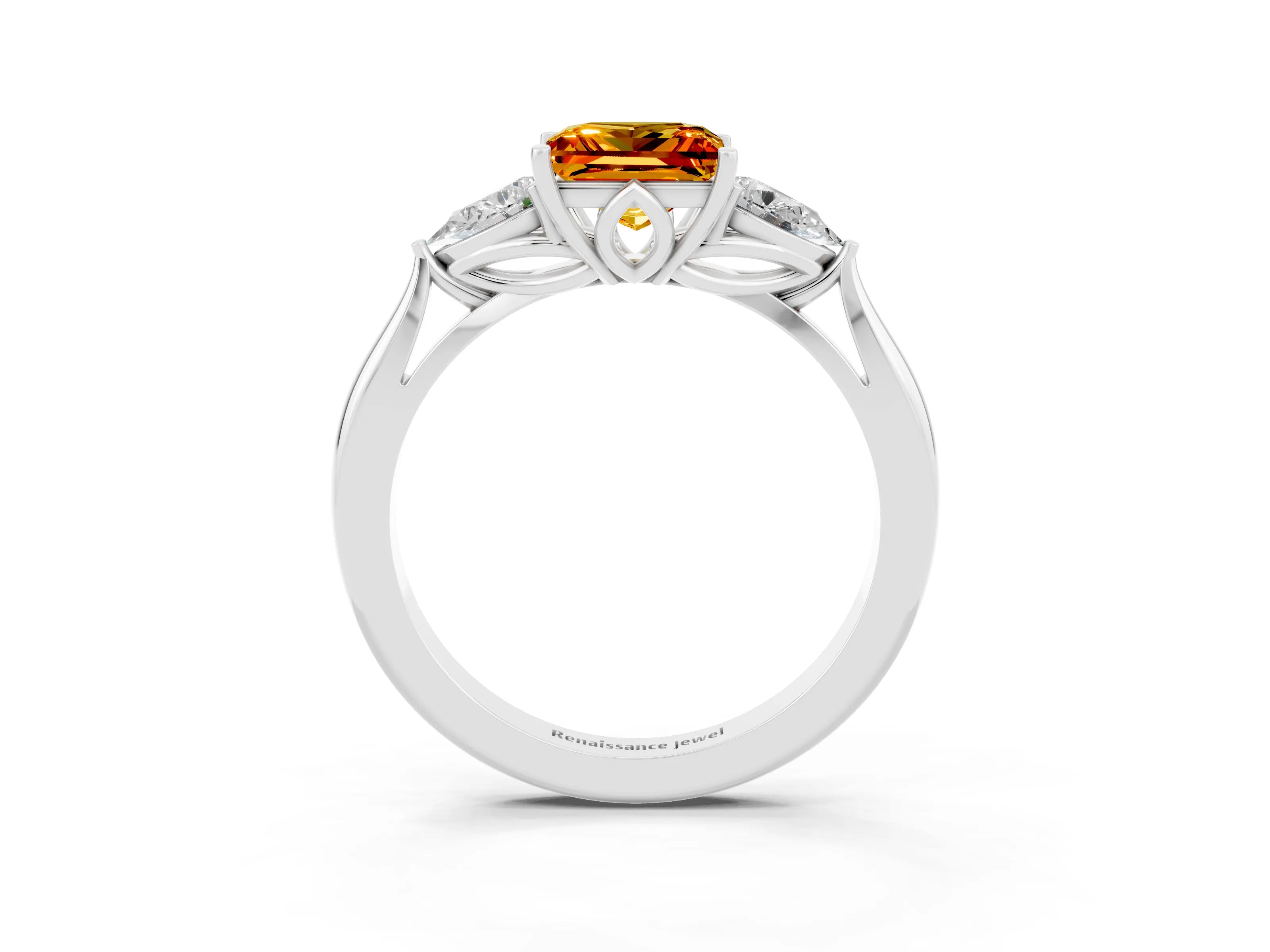White gold Princess Cut Citrine Three-Stone Ring with Pear Side Stones and Four-Prong Setting_15