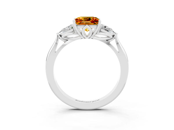 Platinum Princess Cut Citrine Three-Stone Ring with Pear  Side Stones and Prong Setting
