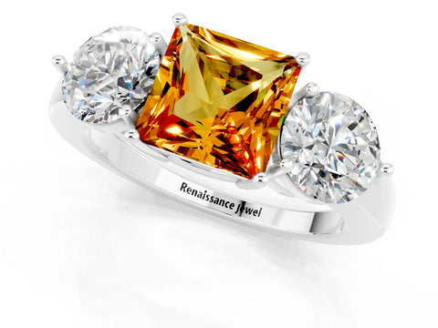White gold Princess Cut Citrine Three-Stone Ring with Prong Setting and Classic Band_1