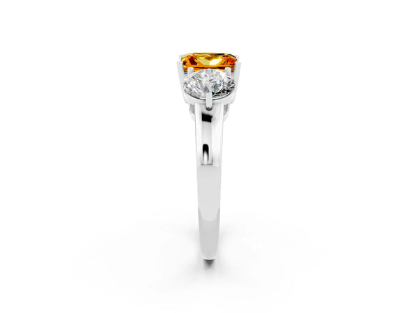White gold Princess Cut Citrine Three-Stone Ring with Prong Setting and Classic Band