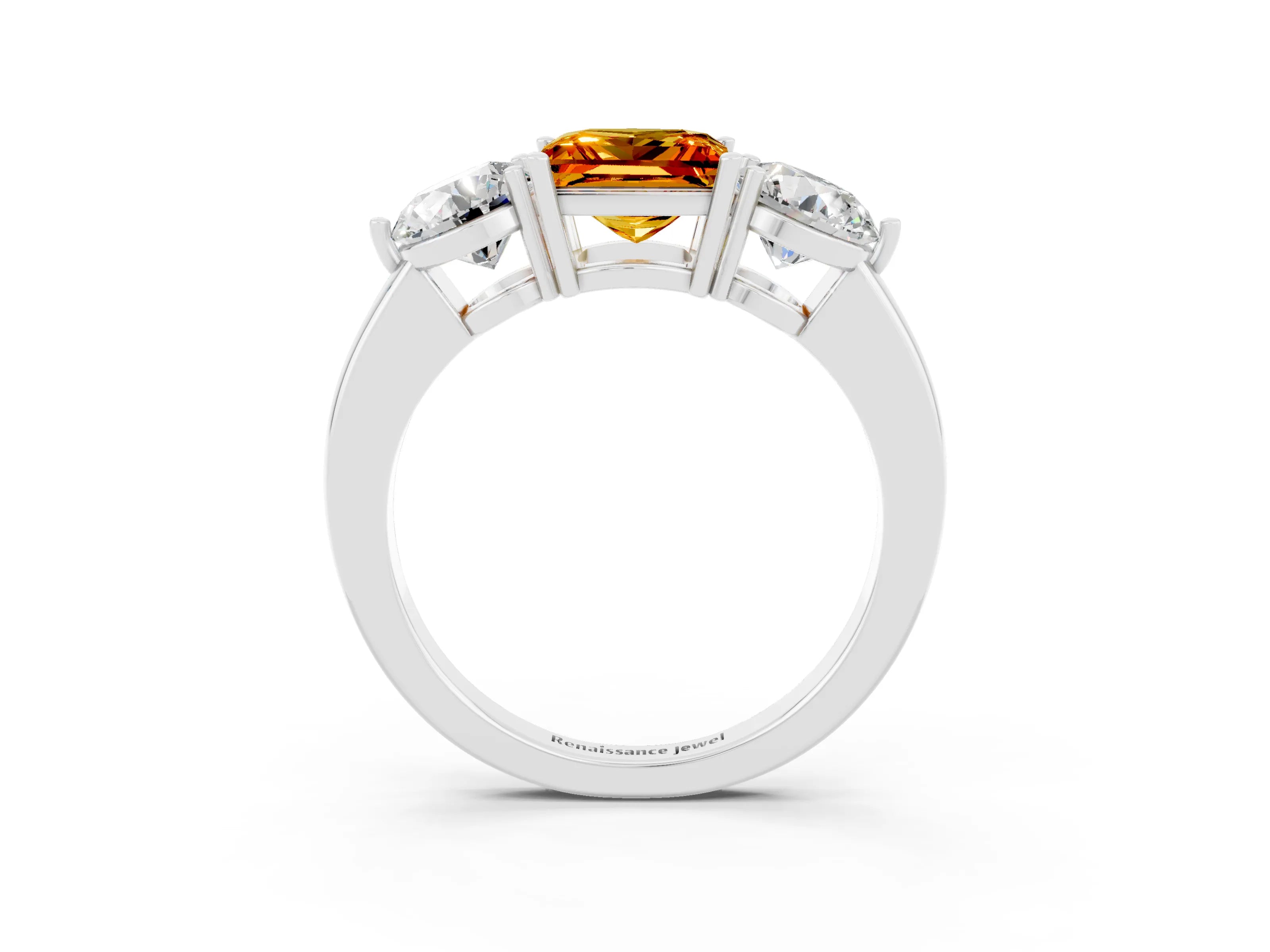 White gold Princess Cut Citrine Three-Stone Ring with Prong Setting and Classic Band_3