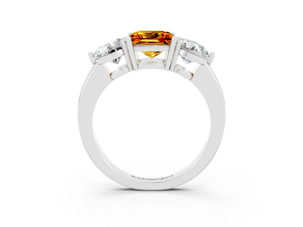 Silver Princess Cut Citrine Three-Stone Ring with Prong Setting and Classic Band