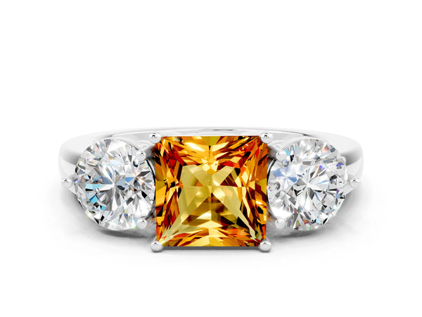Silver Princess Cut Citrine Three-Stone Ring with Prong Setting and Classic Band