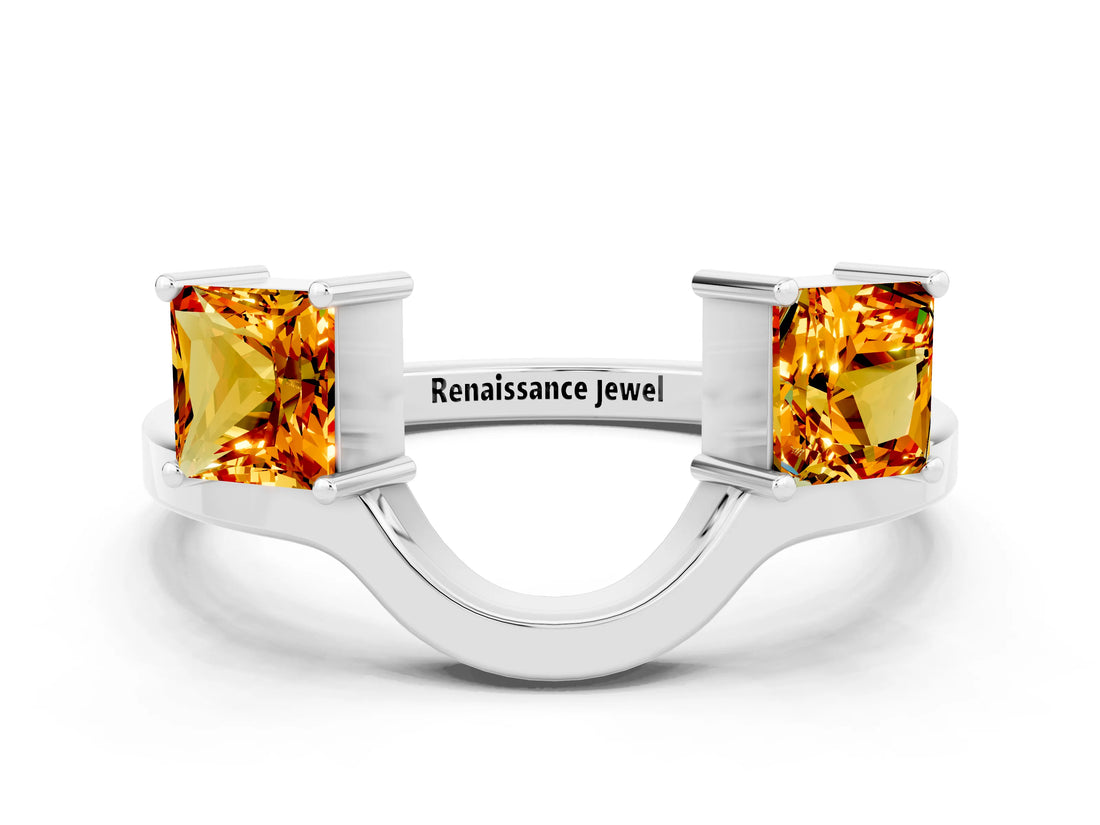 White gold Princess Cut Citrine Two-Stone Open Band Ring with Four-Prong Setting_6