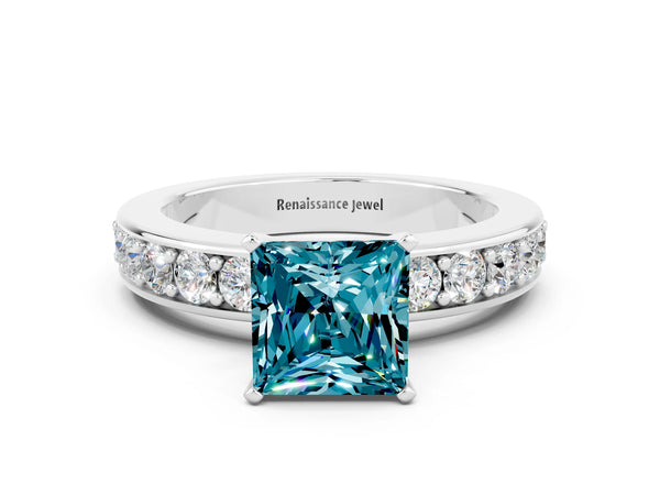 Silver Princess Cut Blue Topaz Engagement Ring with Channel Set Round  Band and Prong Setting