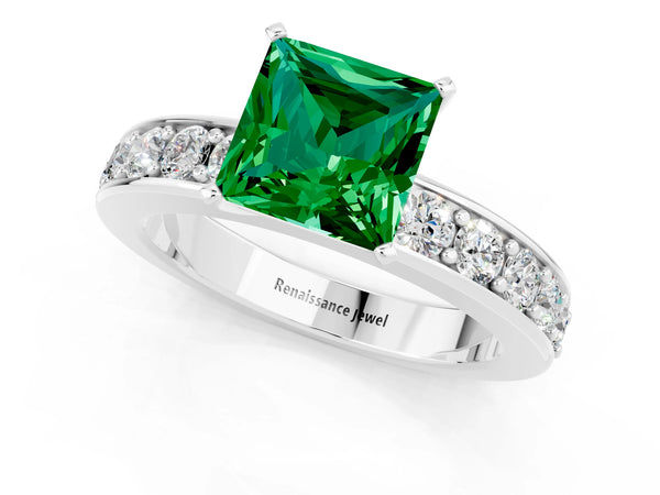 Platinum Princess Cut Emerald Engagement Ring with Channel Set Round Band and Prong Setting