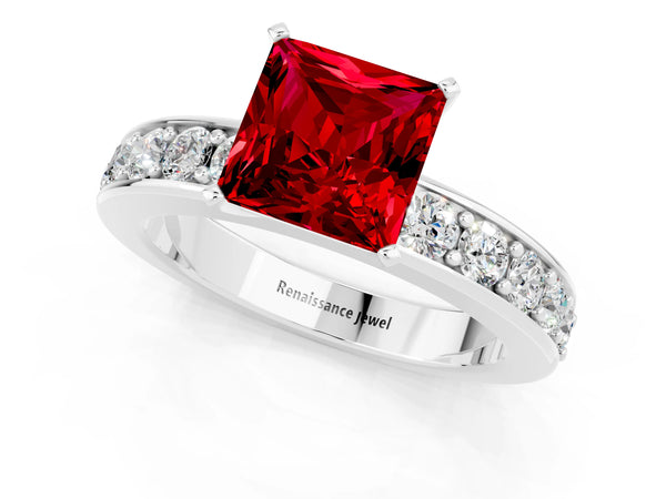 Silver Princess Cut Ruby Engagement Ring with Channel Set Round  Band and Prong Setting