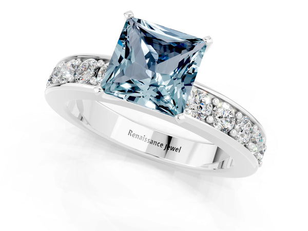 White gold Princess Cut Aquamarine Engagement Ring with Channel Set Round Band and Prong Setting