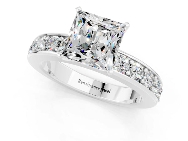 Platinum Princess Cut Moissanite Engagement Ring with Channel Set Round Band and Prong Setting