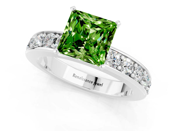 Platinum Princess Cut Peridot Engagement Ring with Channel Set Round Band and Prong Setting