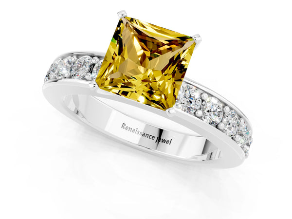 Platinum Princess Cut Yellow Sapphire Engagement Ring with Channel Set Round Band and Prong Setting
