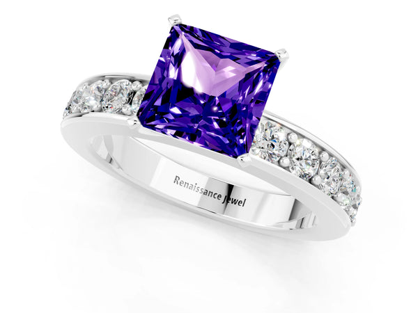 Platinum Princess Cut Tanzanite Engagement Ring with Channel Set Round Band and Prong Setting