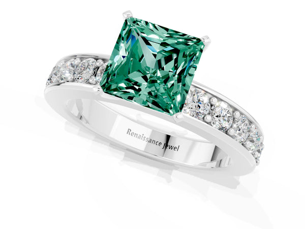 White gold Princess Cut Green Sapphire Engagement Ring with Channel Set Round Band and Prong Setting