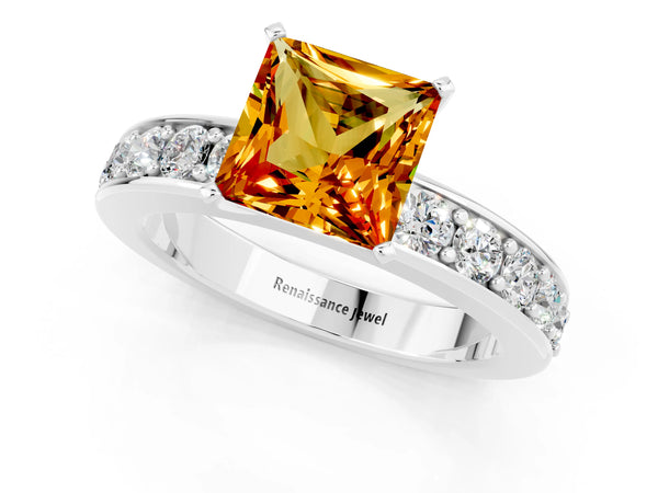 Platinum Princess Cut Citrine Engagement Ring with Channel Set Round Band and Prong Setting