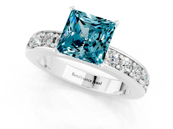 White gold Princess Cut Blue Topaz Engagement Ring with Channel Set Round Band and Prong Setting