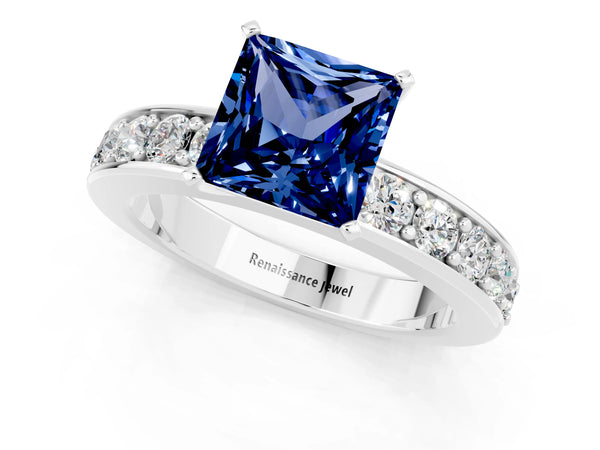 Silver Princess Cut Blue Sapphire Engagement Ring with Channel Set Round  Band and Prong Setting
