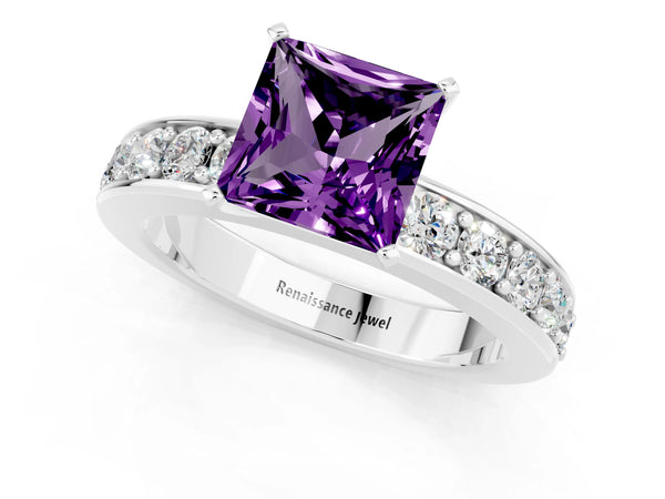 White gold Princess Cut Amethyst Engagement Ring with Channel Set Round Band and Prong Setting