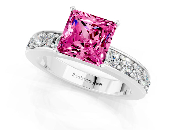 Silver Princess Cut Pink Sapphire Engagement Ring with Channel Set Round  Band and Prong Setting