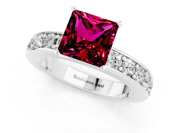 White gold Princess Cut Garnet Engagement Ring with Channel Set Round Band and Prong Setting