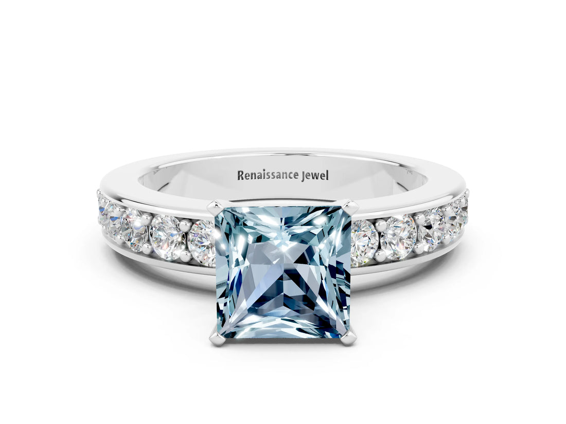 White gold Princess Cut Cut Channel Set Diamond Engagement Ring with Four-Prong Setting
