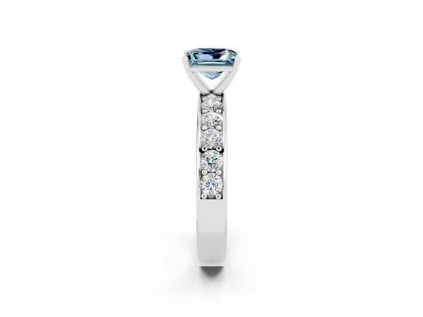 Platinum Princess Cut Aquamarine Engagement Ring with Channel Set Round Band and Prong Setting