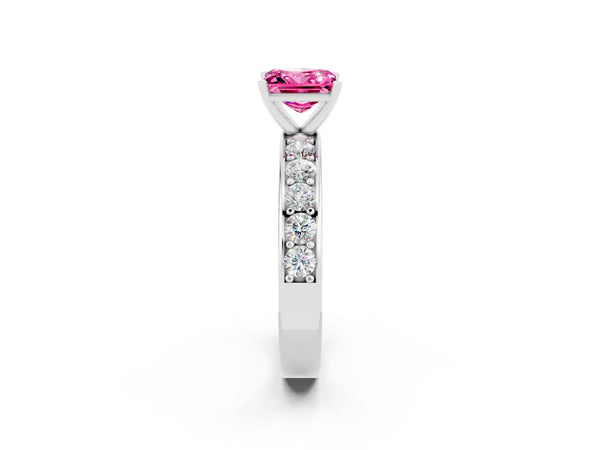 Silver Princess Cut Pink Sapphire Engagement Ring with Channel Set Round  Band and Prong Setting
