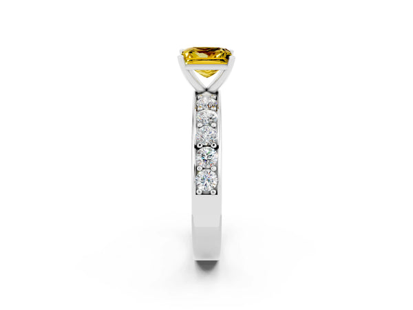 White gold Princess Cut Yellow Sapphire Engagement Ring with Channel Set Round Band and Prong Setting