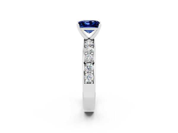 White gold Princess Cut Blue Sapphire Engagement Ring with Channel Set Round Band and Prong Setting