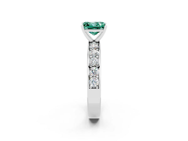 Platinum Princess Cut Green Sapphire Engagement Ring with Channel Set Round Band and Prong Setting
