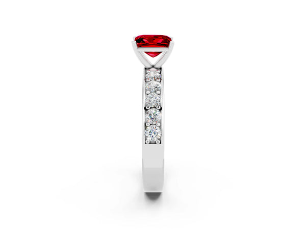 Platinum Princess Cut Ruby Engagement Ring with Channel Set Round Band and Prong Setting