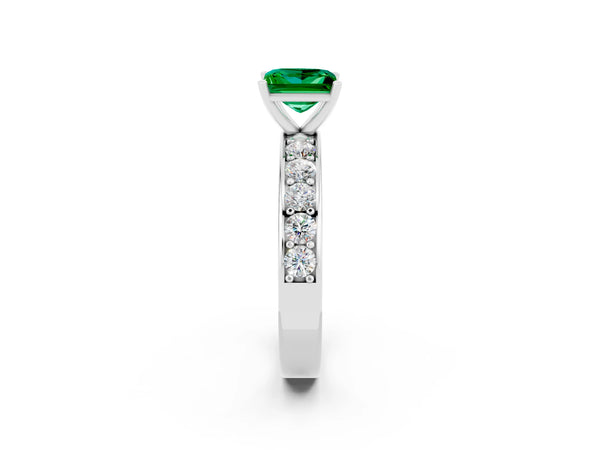 White gold Princess Cut Emerald Engagement Ring with Channel Set Round Band and Prong Setting