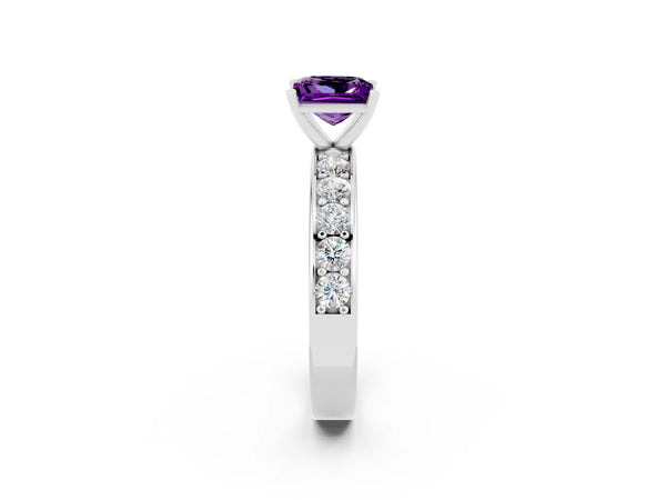 White gold Princess Cut Amethyst Engagement Ring with Channel Set Round Band and Prong Setting