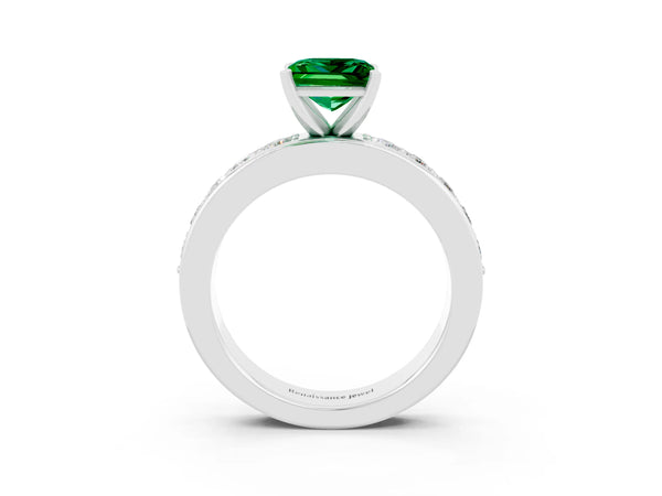 Platinum Princess Cut Emerald Engagement Ring with Channel Set Round Band and Prong Setting