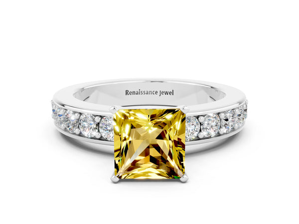 Platinum Princess Cut Yellow Sapphire Engagement Ring with Channel Set Round Band and Prong Setting