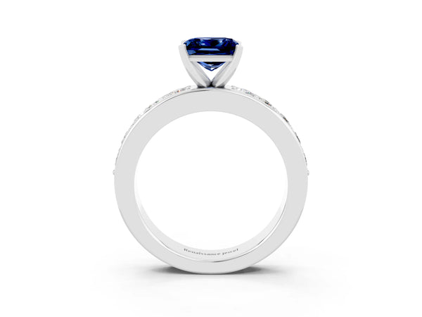 Silver Princess Cut Blue Sapphire Engagement Ring with Channel Set Round  Band and Prong Setting