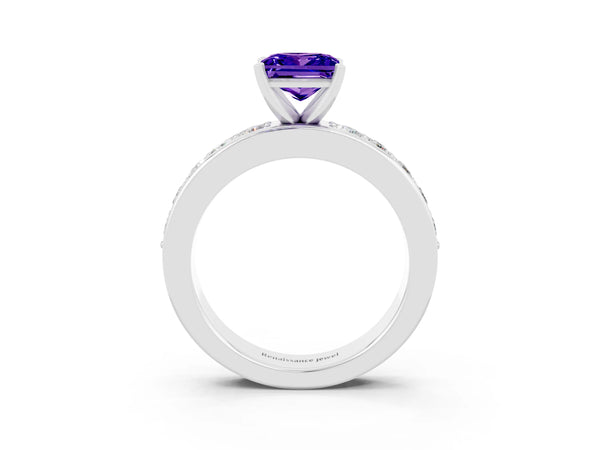 White gold Princess Cut Tanzanite Engagement Ring with Channel Set Round Band and Prong Setting