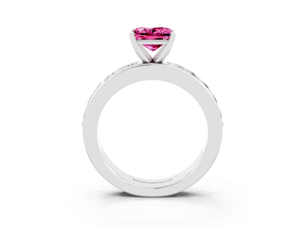 White gold Princess Cut Pink Sapphire Engagement Ring with Channel Set Round Band and Prong Setting