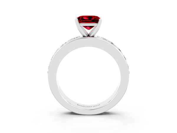 Silver Princess Cut Ruby Engagement Ring with Channel Set Round  Band and Prong Setting