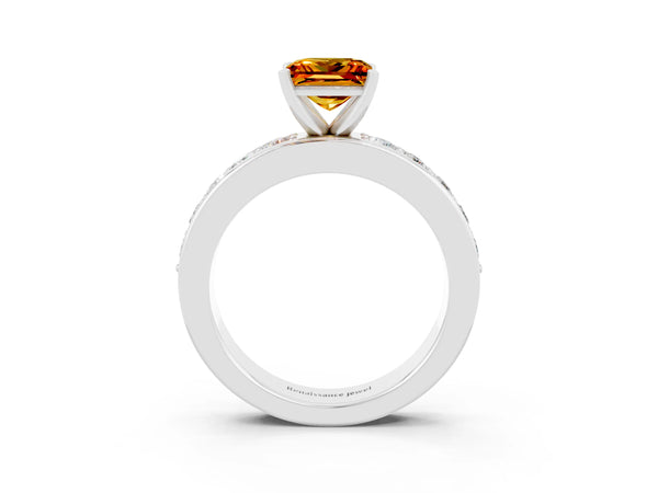 White gold Princess Cut Citrine Engagement Ring with Channel Set Round Band and Prong Setting