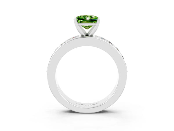 Platinum Princess Cut Peridot Engagement Ring with Channel Set Round Band and Prong Setting
