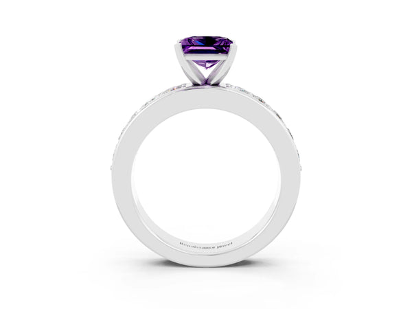 Silver Princess Cut Amethyst Engagement Ring with Channel Set Round  Band and Prong Setting