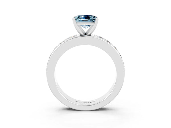 White gold Princess Cut Aquamarine Engagement Ring with Channel Set Round Band and Prong Setting