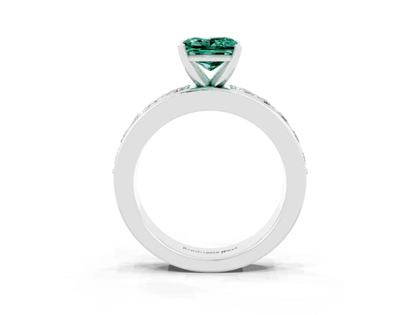 White gold Princess Cut Green Sapphire Engagement Ring with Channel Set Round Band and Prong Setting