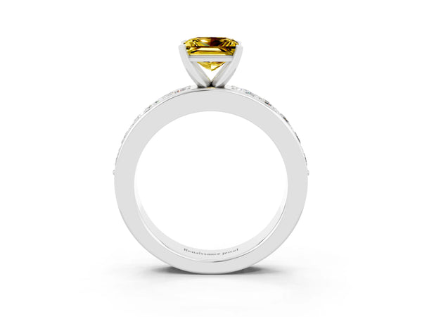 Platinum Princess Cut Yellow Sapphire Engagement Ring with Channel Set Round Band and Prong Setting