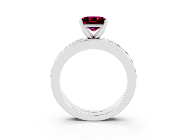 White gold Princess Cut Garnet Engagement Ring with Channel Set Round Band and Prong Setting