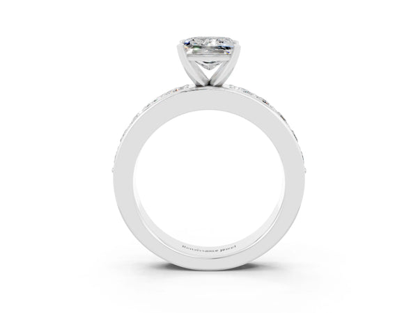 Platinum Princess Cut Moissanite Engagement Ring with Channel Set Round Band and Prong Setting